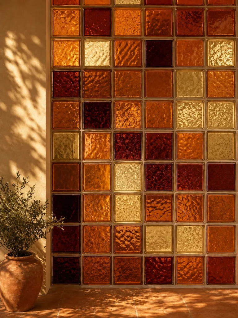 Interior application featuring thick square and rectangular crystal bricks with textured, recessed or faceted faces; crystal bricks block interior application 040 with stacked, framed or grid-built wall construction.