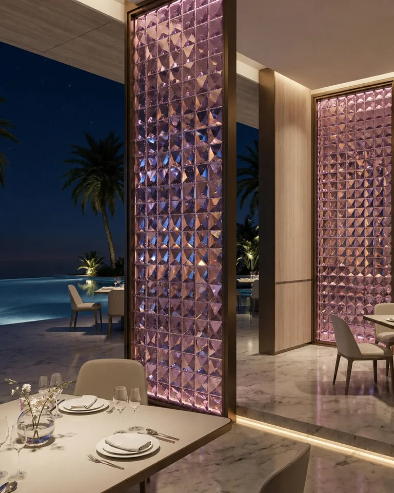 Modern Commercial Partition Screen featuring colored rectangular crystal tiles with diamond-cut faceted faces; diamond faceted crystal tile interior application 001 with repeated panel grids inside framed installations.