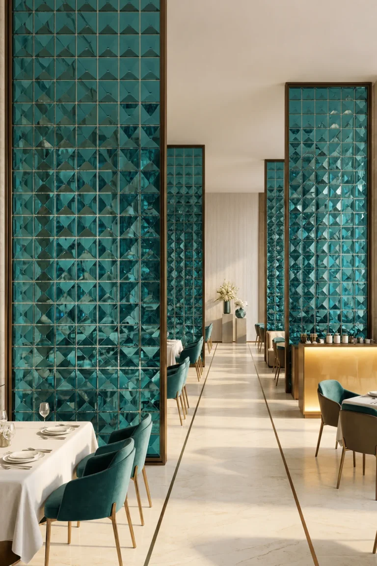 Modern Commercial Partition Screen featuring colored rectangular crystal tiles with diamond-cut faceted faces; diamond faceted crystal tile interior application 002 with repeated panel grids inside framed installations.