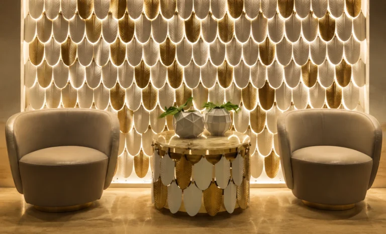 Dense full-height feather crystal module composition used as a decorative wall reference