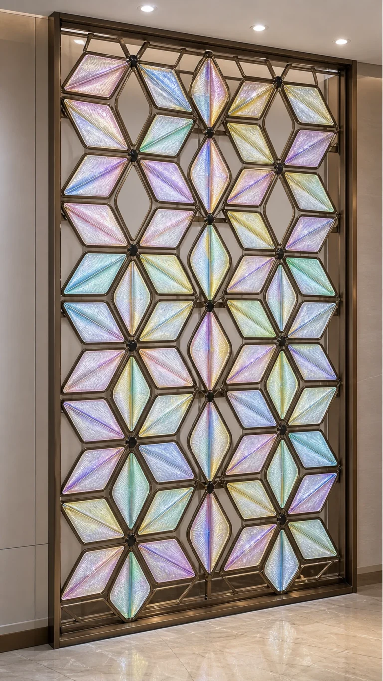 Leaf-shaped crystal hanging elements fixed to a dark metal screen frame