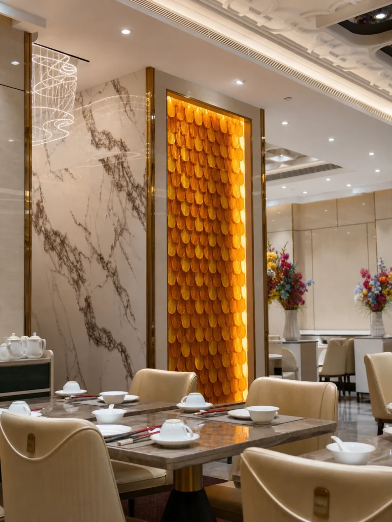 Amber leaf-shaped crystal elements glowing under restaurant lighting