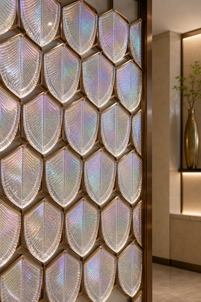 Faceted feather-shaped crystal screen elements refracting light and direct views