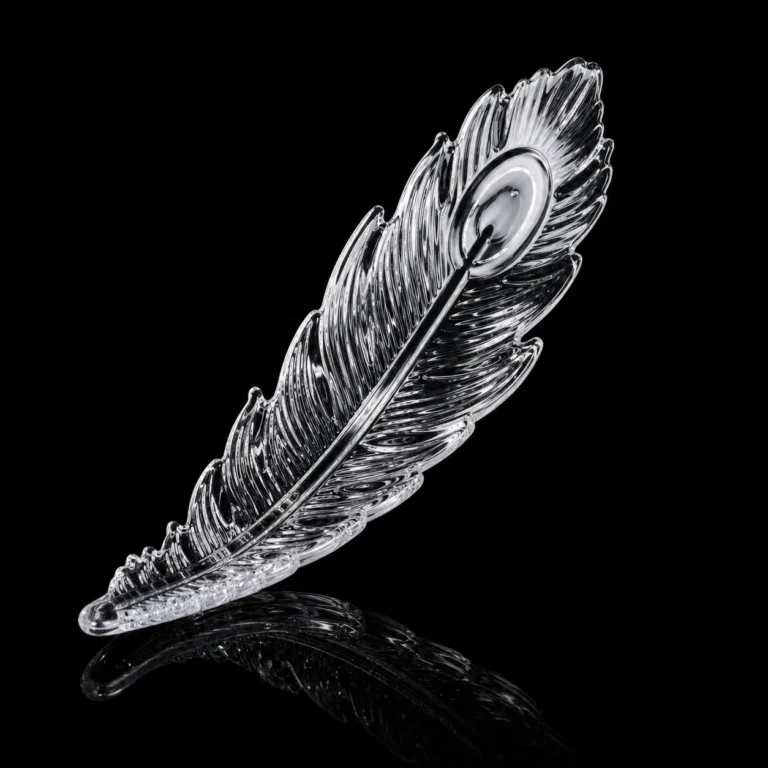 Close-up of a clear feather-shaped crystal hanging element