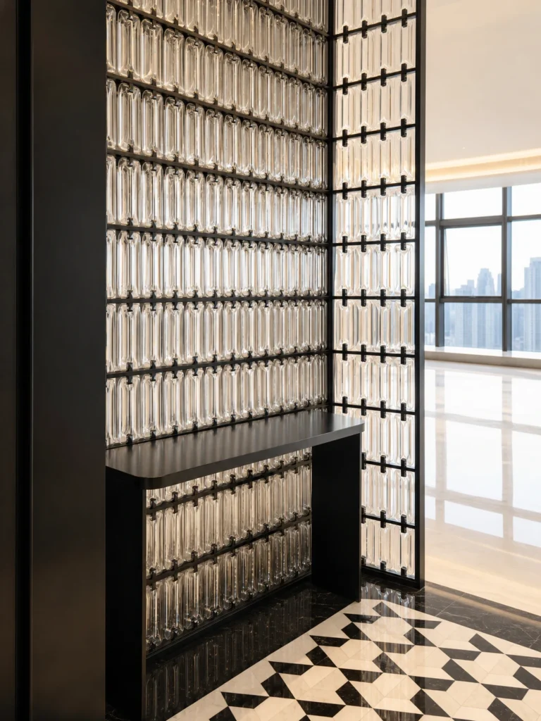Tall rectangular crystal hanging screen illuminated by warm interior lighting