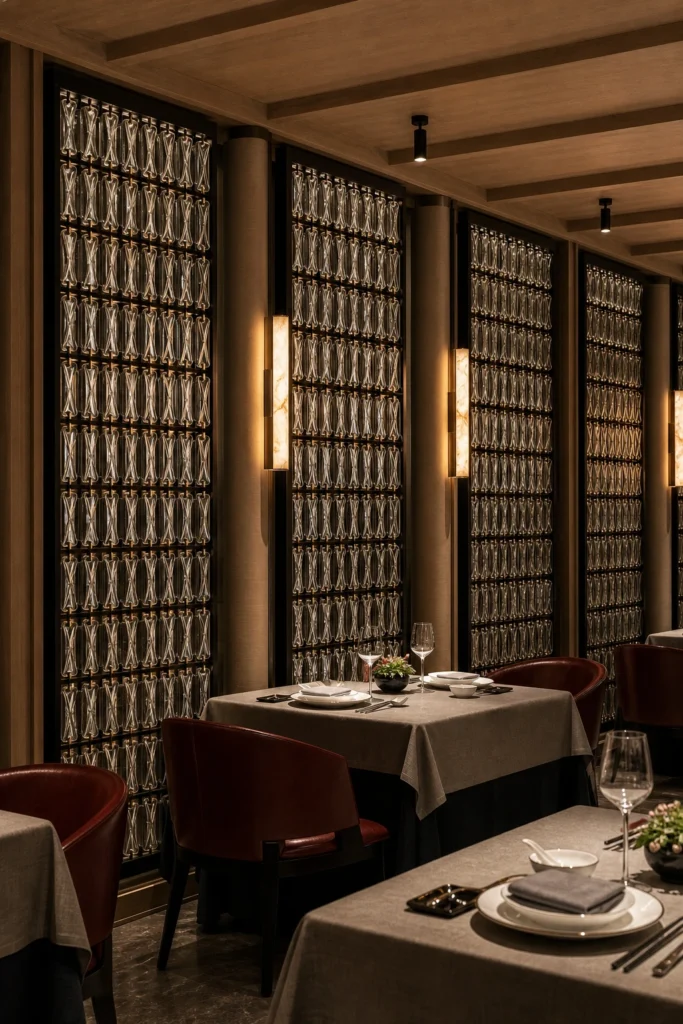 Rectangular crystal hanging panels used as a restaurant space divider