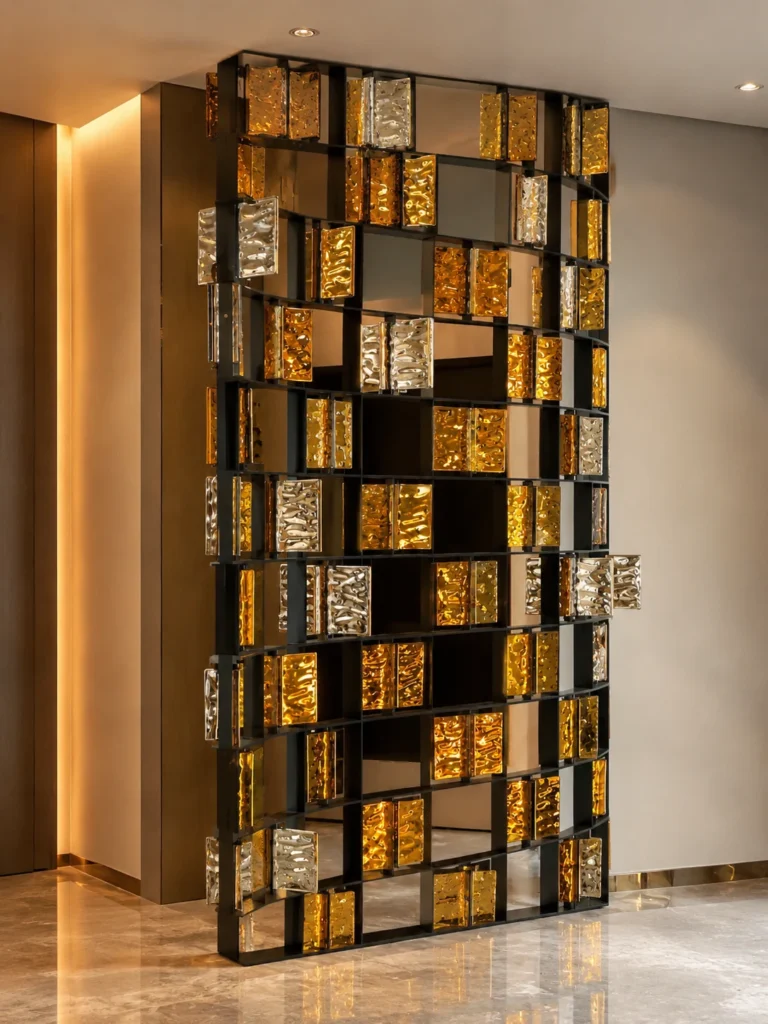 Colored shaped crystal modules reducing background visibility in a custom screen