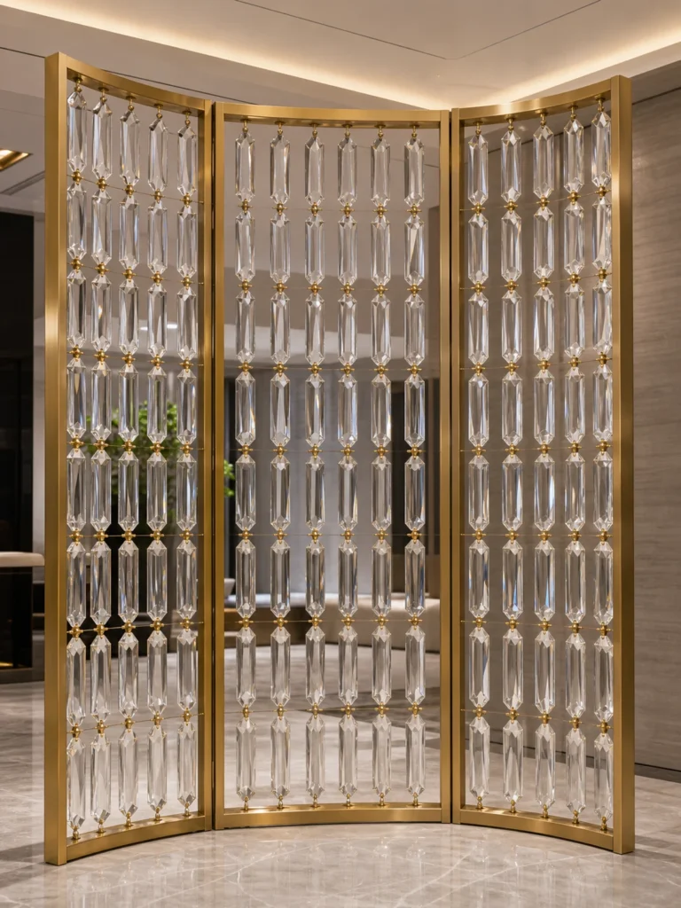 Gold metal frame with clear hanging crystal elements arranged as a decorative screen