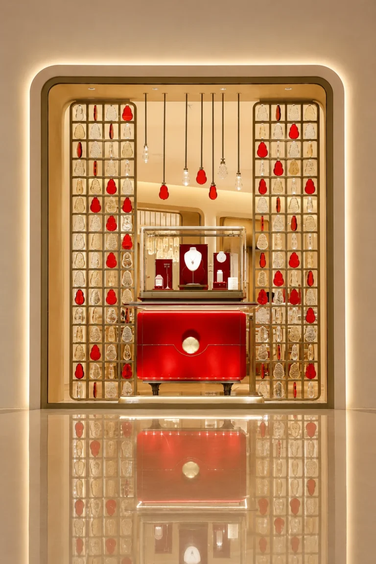 Red reception backdrop with shaped crystal modules used as a feature wall reference