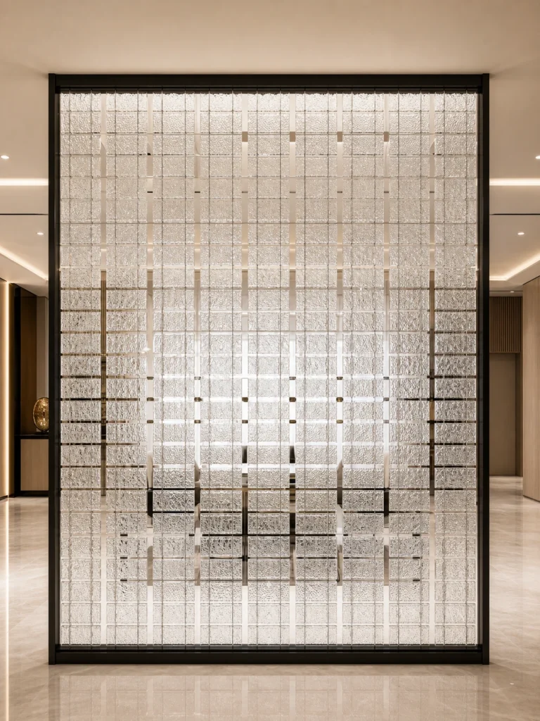 Square crystal hanging modules arranged in a full-height decorative screen