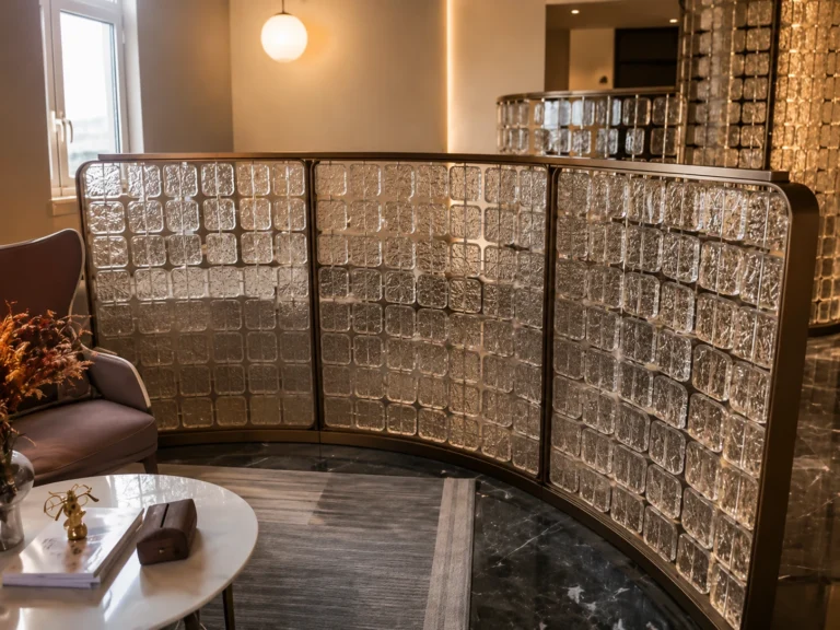 Curved crystal screen with clear square modules and bronze metal frame