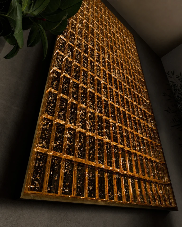 Crystal brick feature wall reference for a hospitality lobby or reception interior