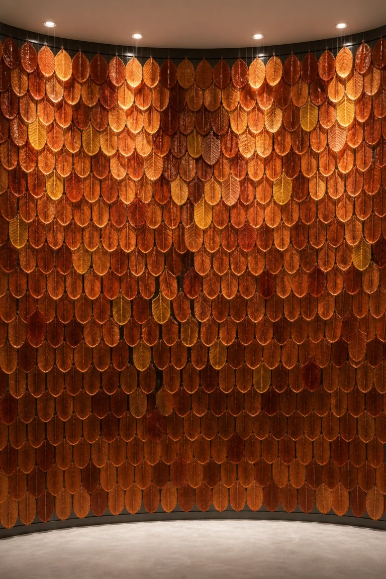 Warm directional lighting revealing the depth and edges of a crystal lobby feature wall