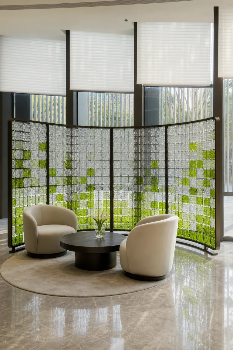Clear and green modular crystal screen creating a light-filled seating zone