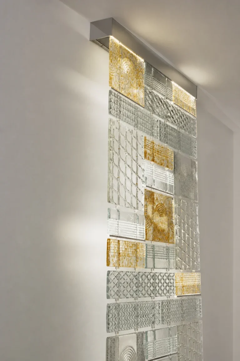 Interior application featuring a framed vertical crystal composition with illuminated geometric modules; portal crystal installation interior application 001 with integrated frame and panel mounting.