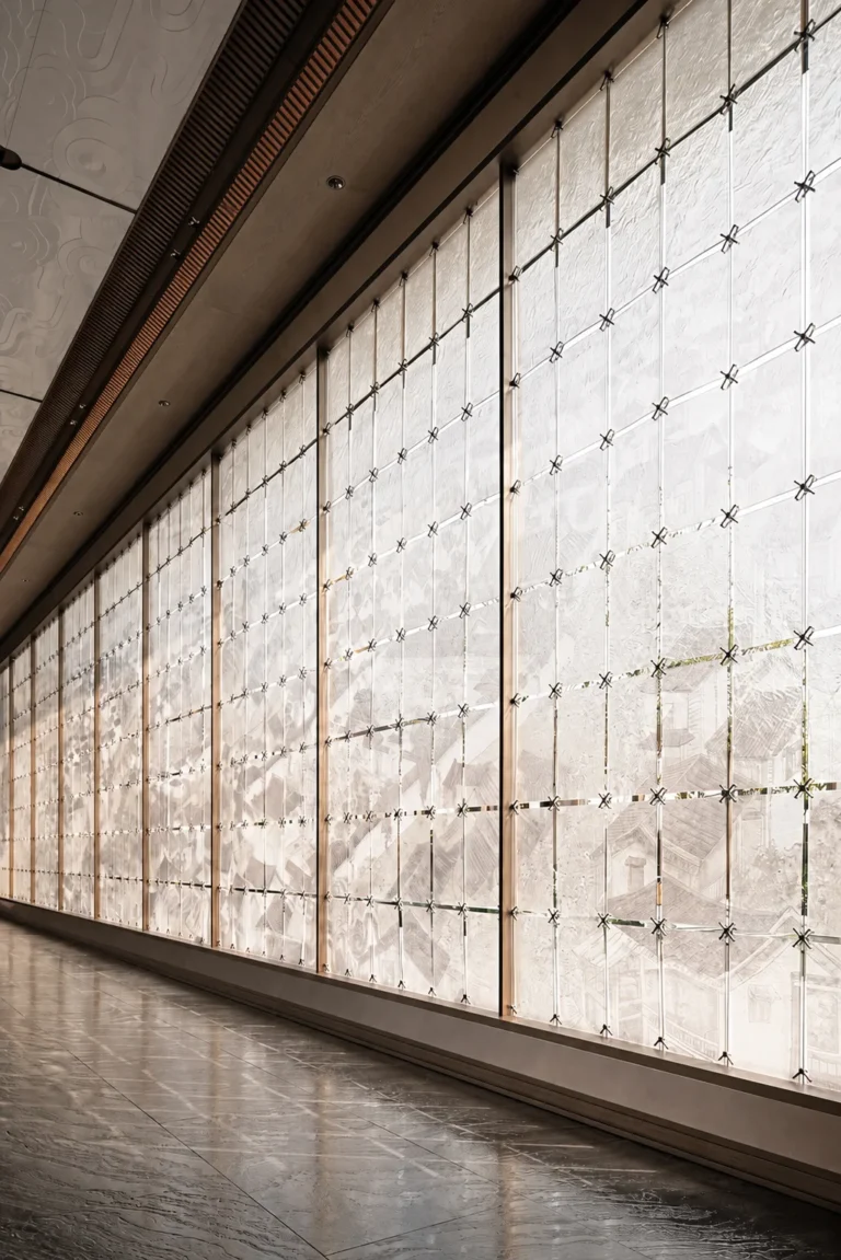 Interior application featuring square textured crystal links; square crystal link interior application 021 with cross-linked grid points and a framed panel rhythm.