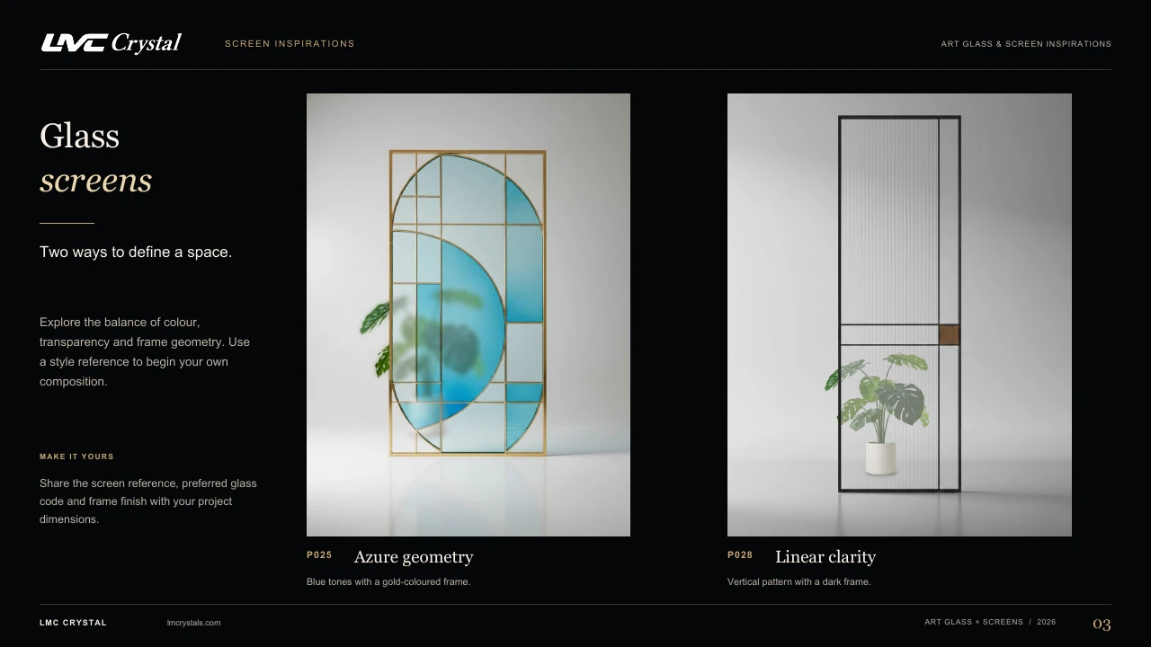 Catalog page featuring two framed glass screens